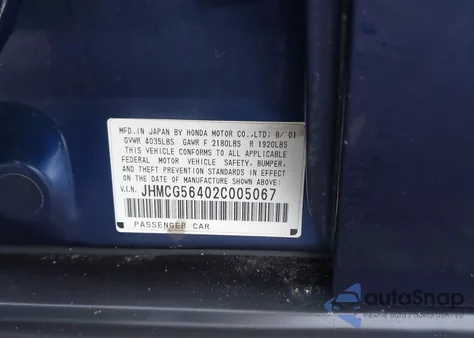 2002 Honda Accord 2.3 Lx from USA, damaged, VIN JHMCG56402C005067